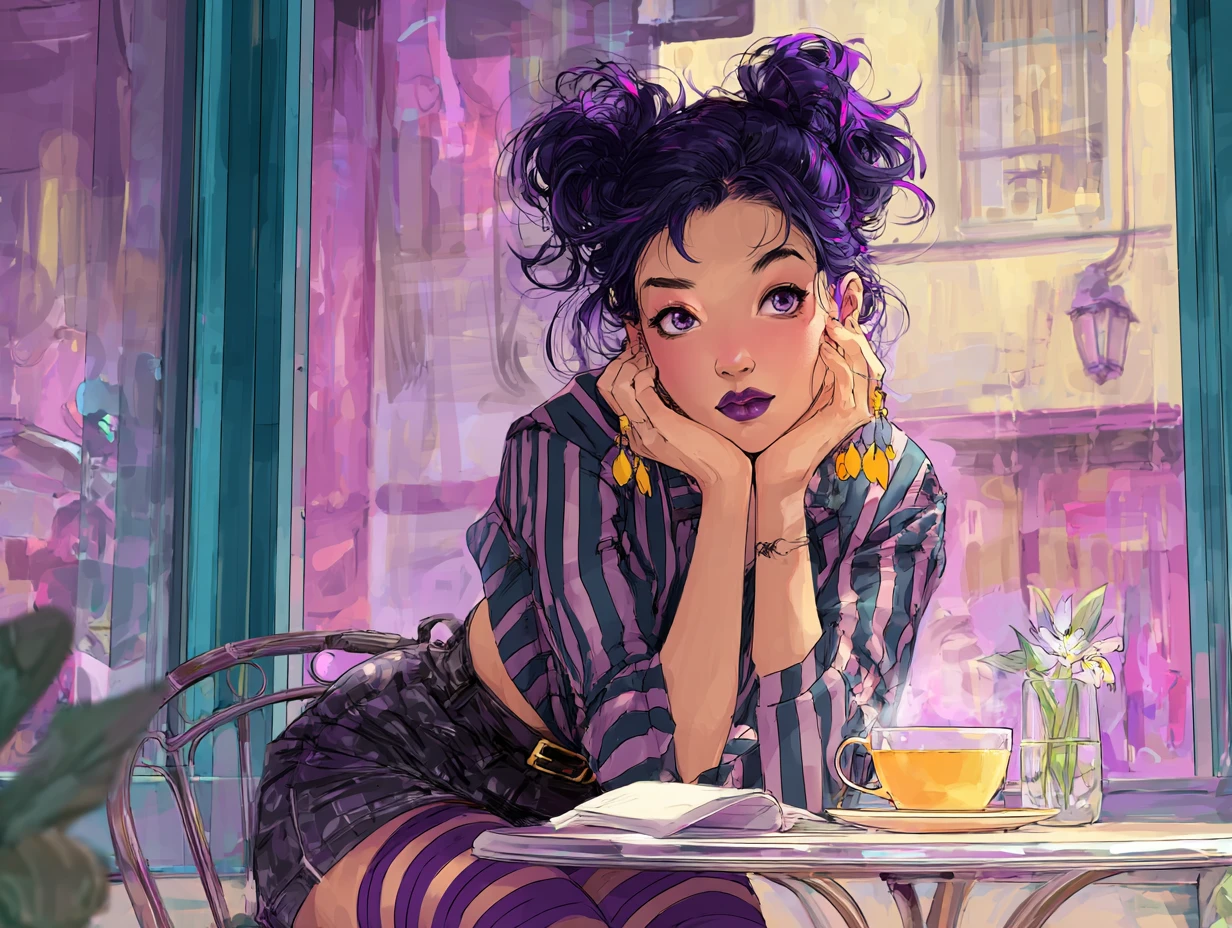 Anime girl in striped outfit at surreal sidewalk cafe