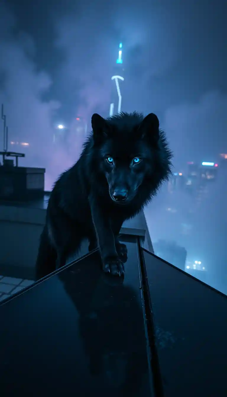 夜のネオンに照らされた高層ビルの屋上に立つダークウルフ