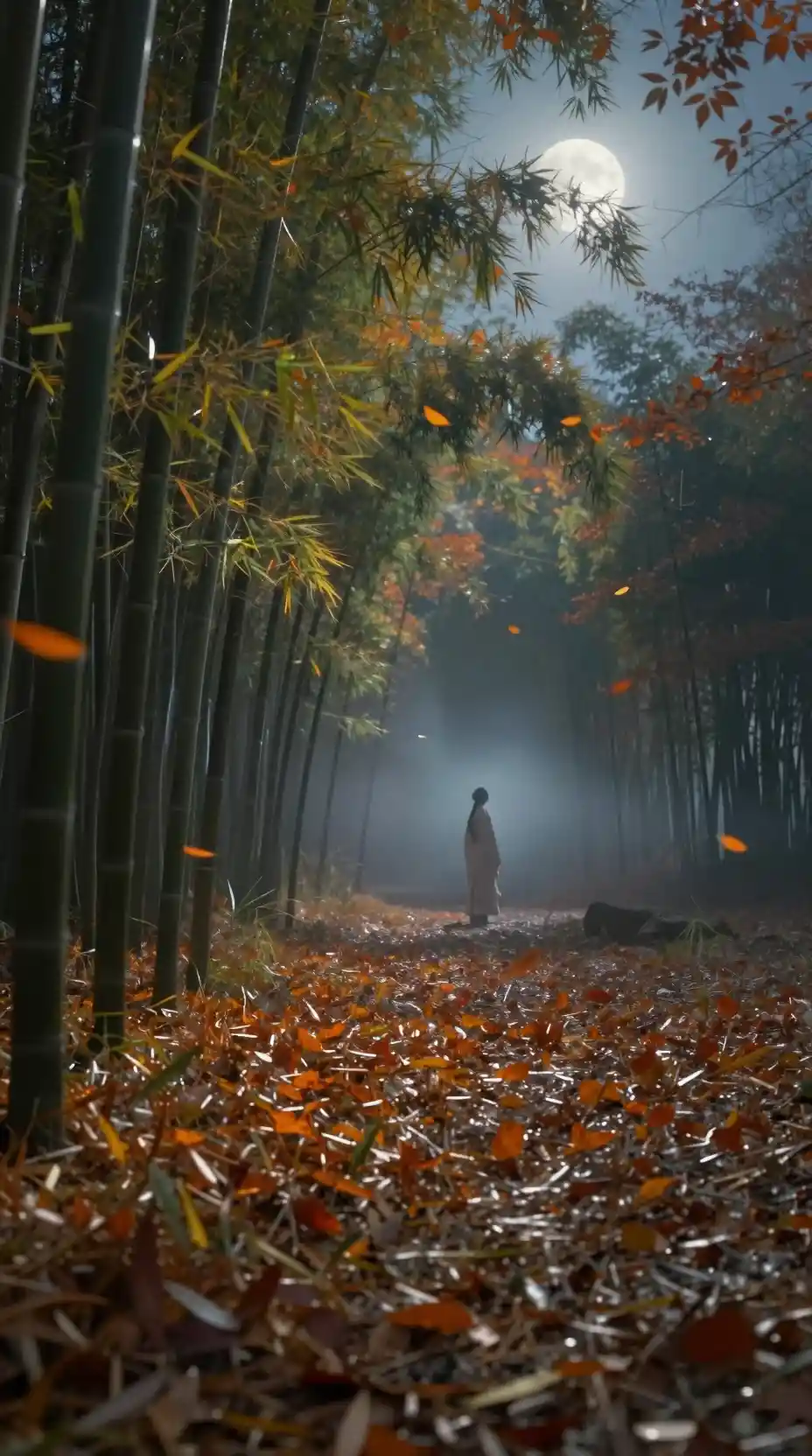 Tranquil autumn forest under moonlight with solitary figure