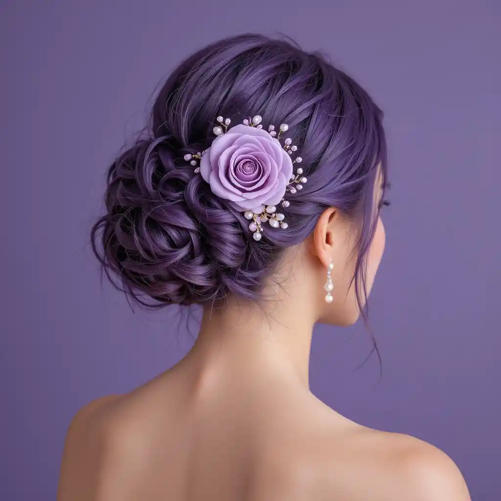 Woman with purple updo bun and lilac rose hair accessory