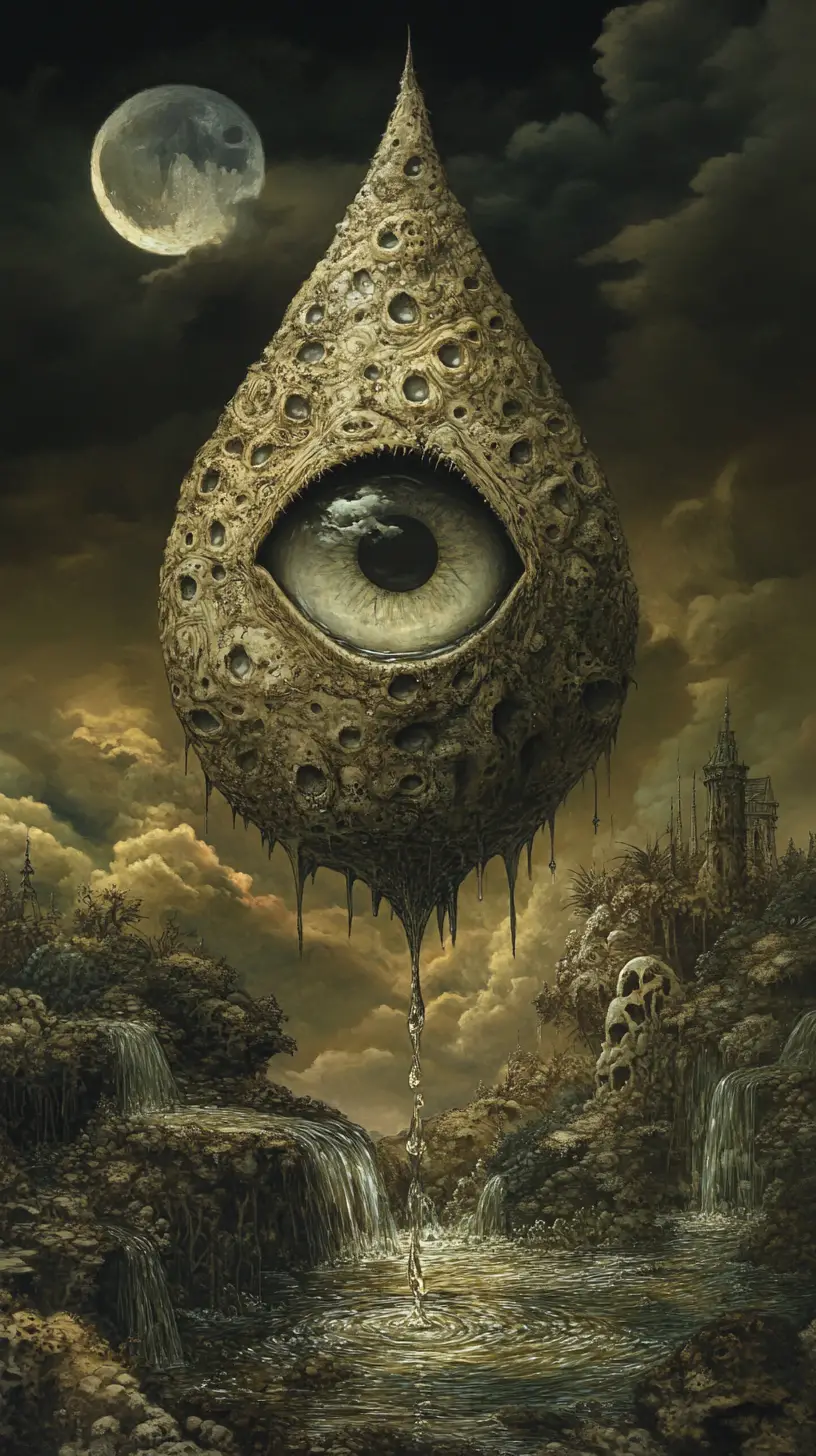 Surreal water drop creature in a gothic moonlit landscape