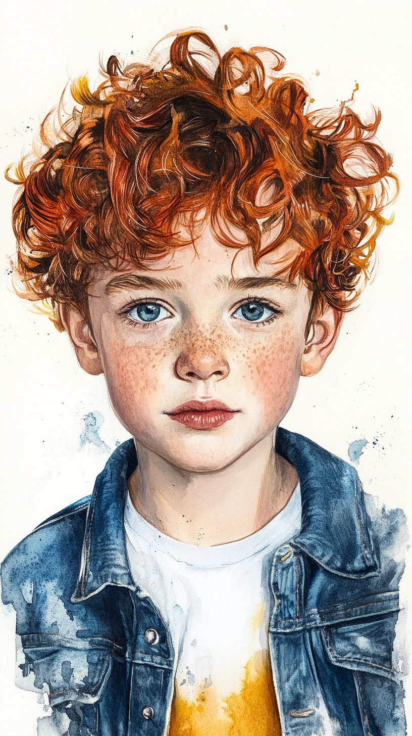 Niño pelirrojo con pecas en retrato acuarela mixed media