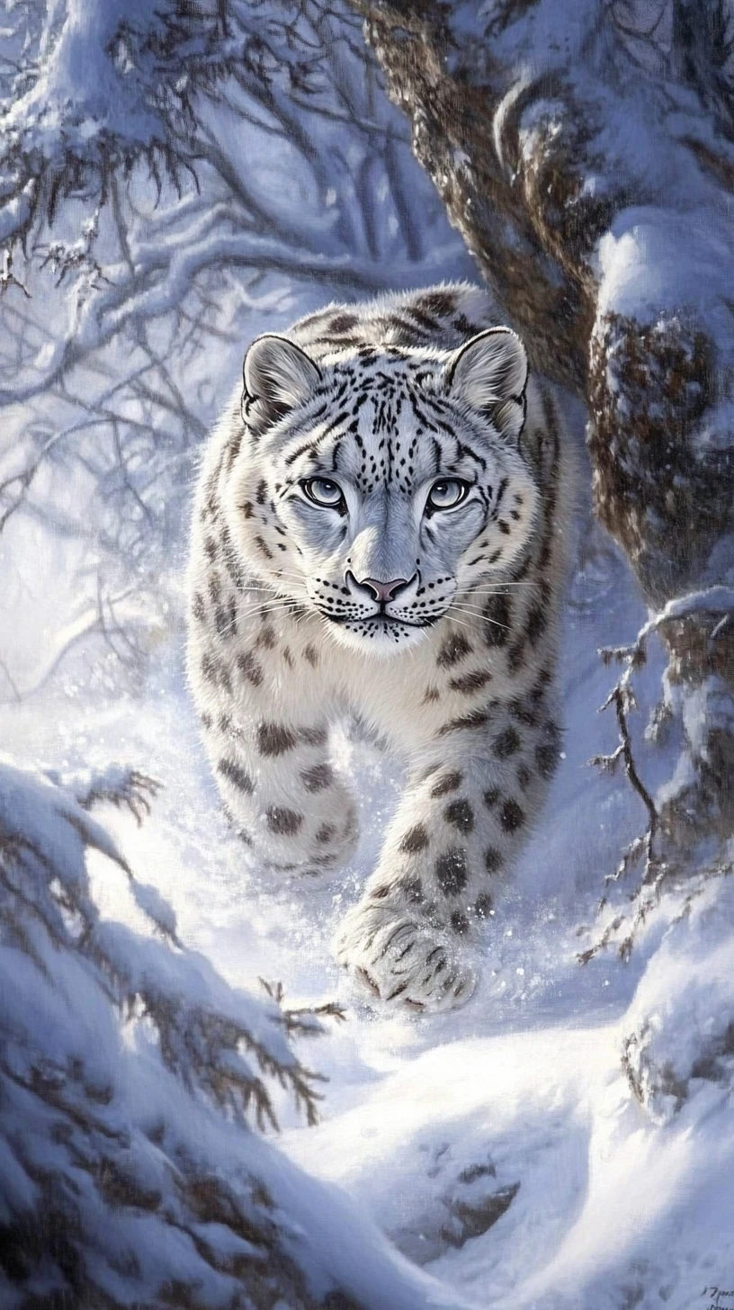Surreal illusion of a snow leopard in a deceptive scene