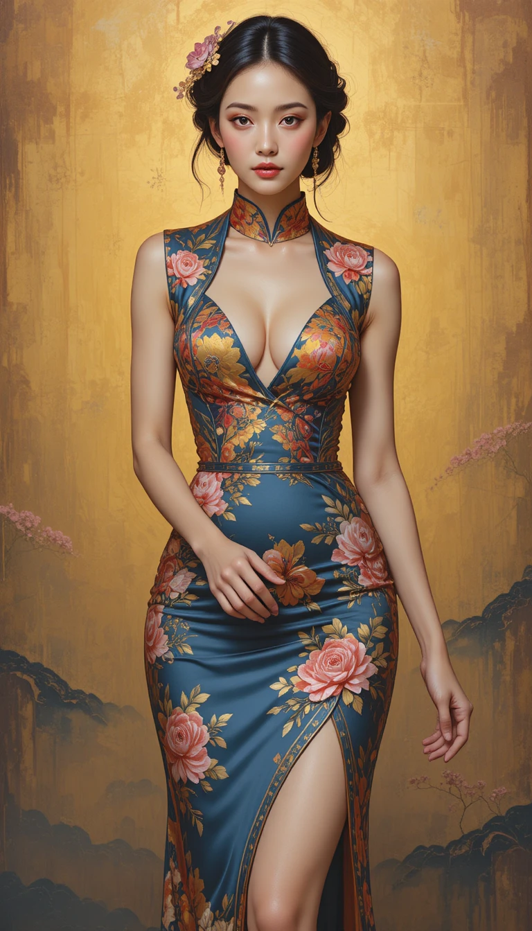 Gouache Portrait Of Asian Woman In Silk Qipao