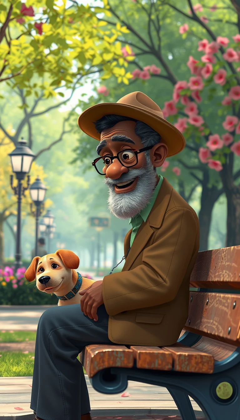 Elderly African man with dog on bench in flowered park