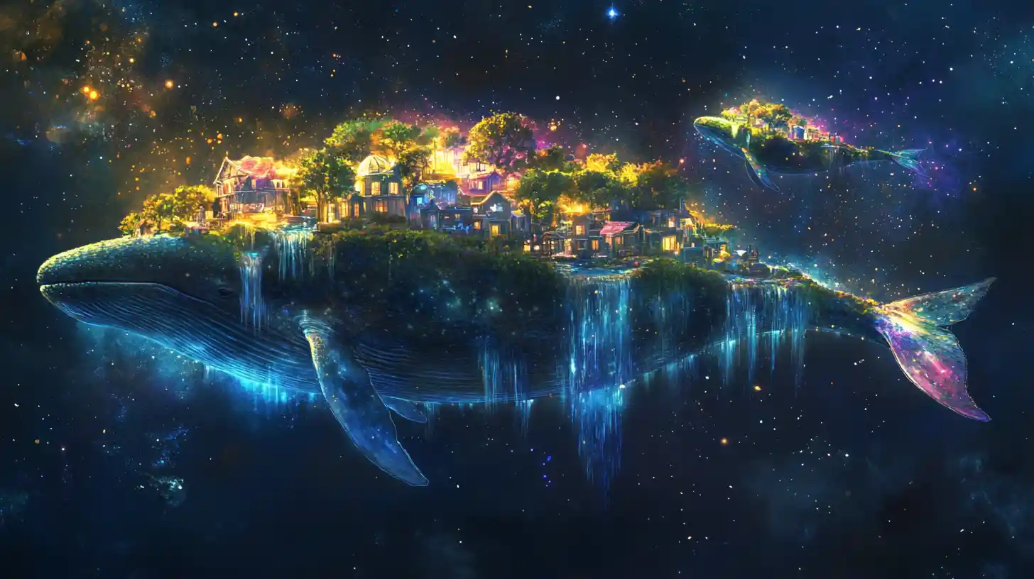 Ethereal space whales carrying a floating world