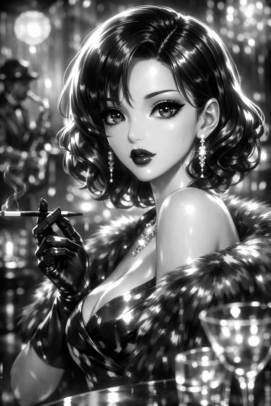 Anime noir woman portrait in a shadowy nightclub