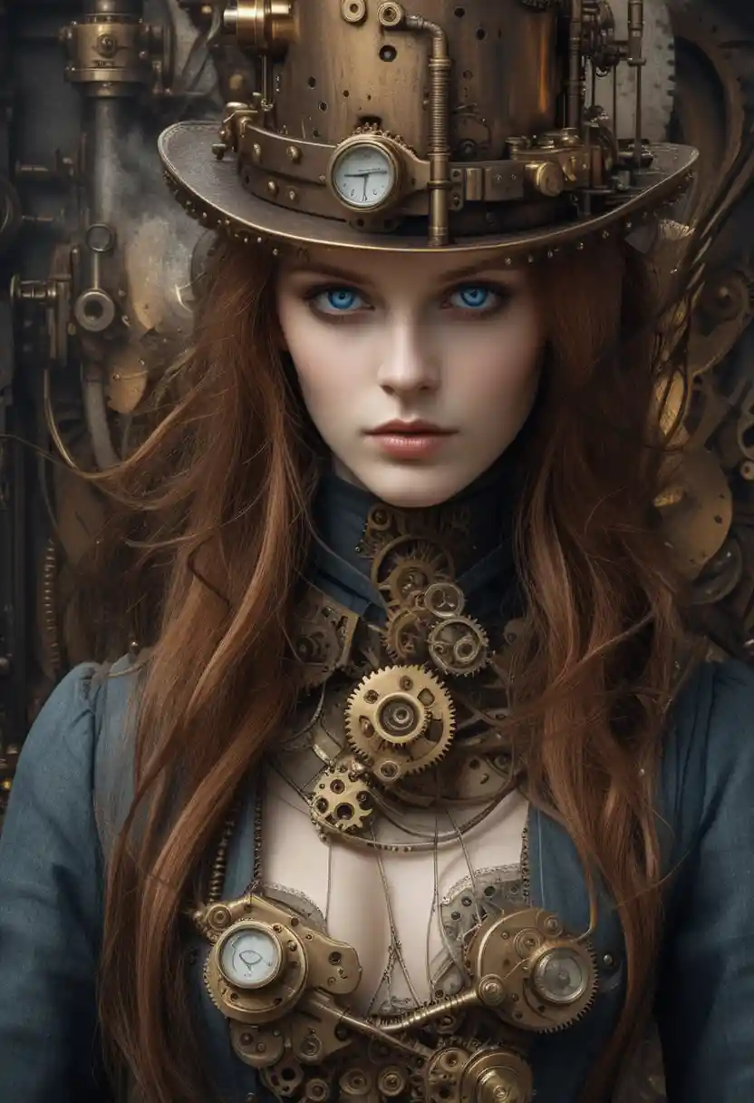 Steampunk woman with mechanical body and ornate top hat