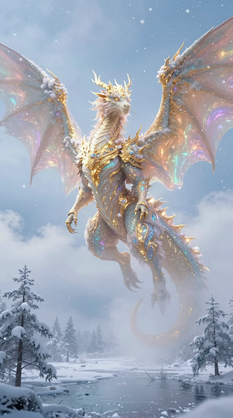 Majestuoso dragón que se alza sobre un sereno paisaje invernal