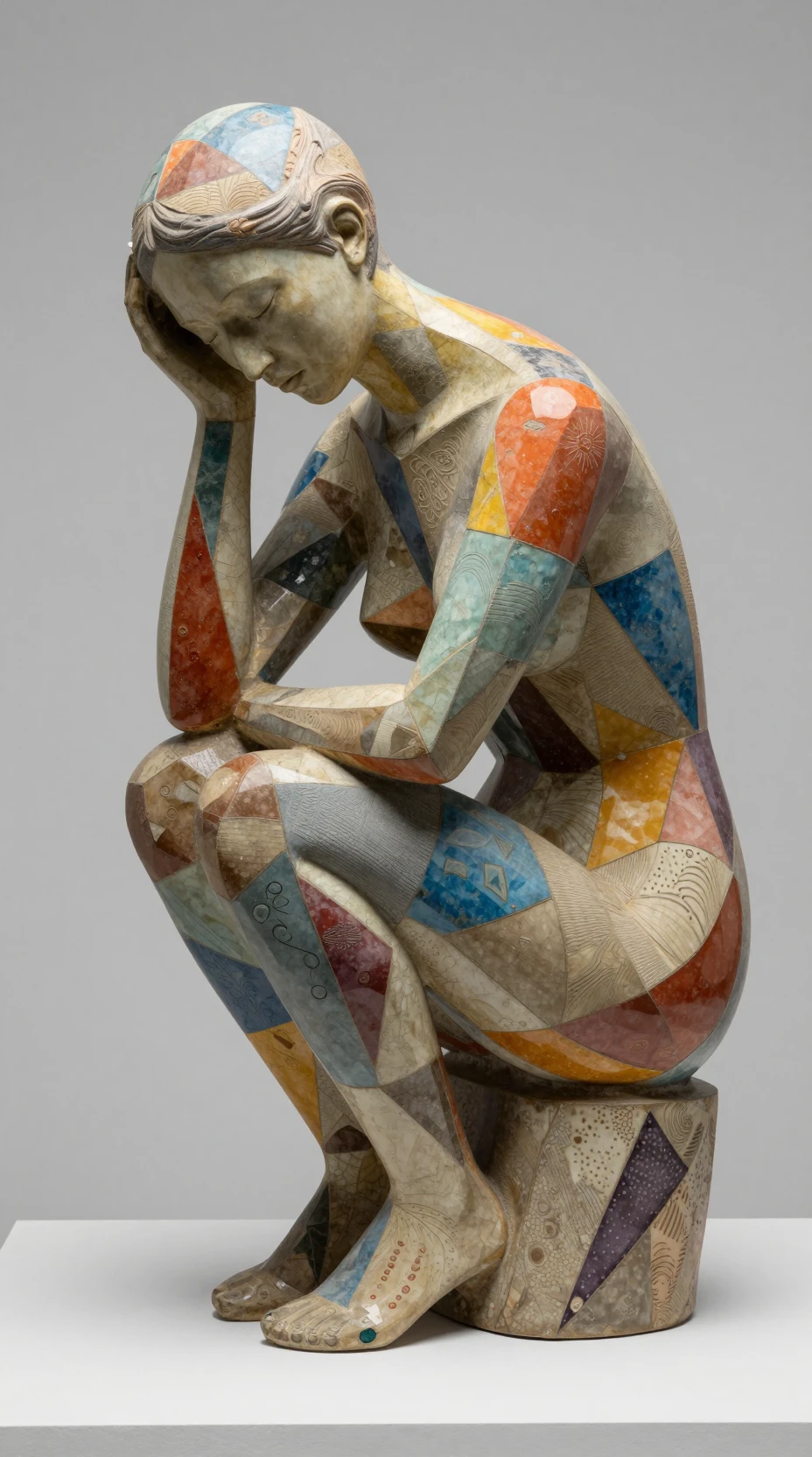 Escultura feminina facetada abstrata em perfil contemplativo
