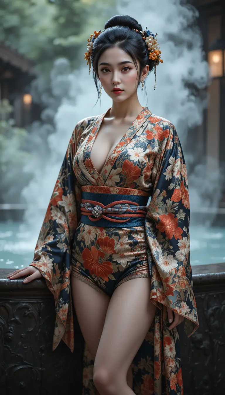 Elegant Japanese woman in kimono by steaming hot spring