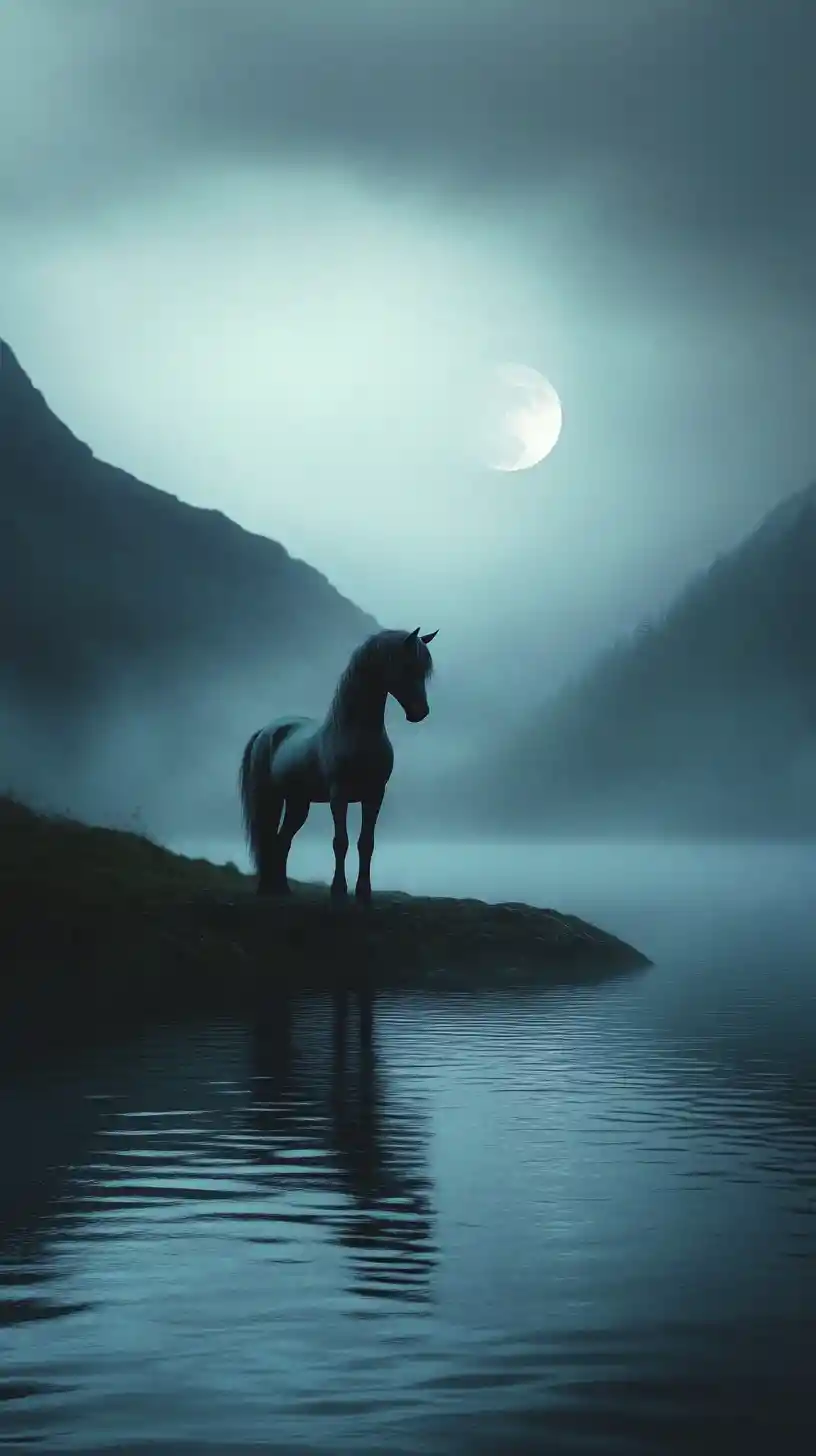 Mystical water spirit kelpie by a moonlit Scottish loch