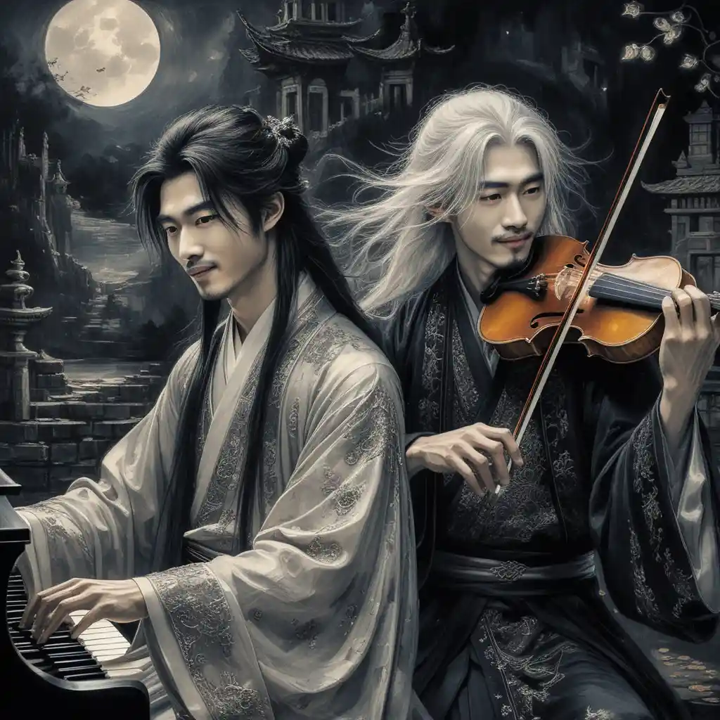Eterei musicisti cinesi in dipinto a olio gotico monocromatico
