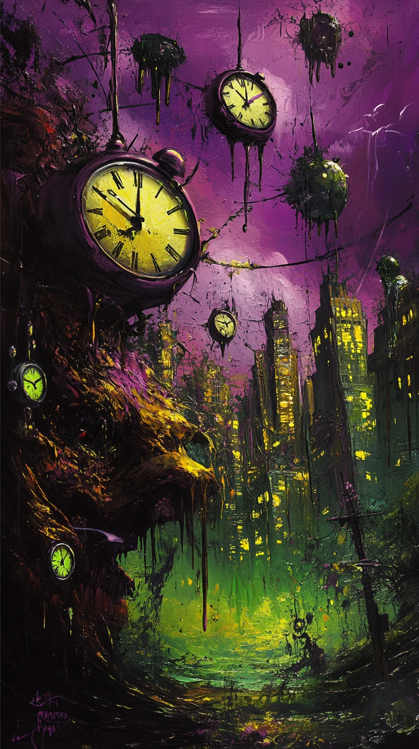 Surreal cityscape with melting clocks and a lone observer