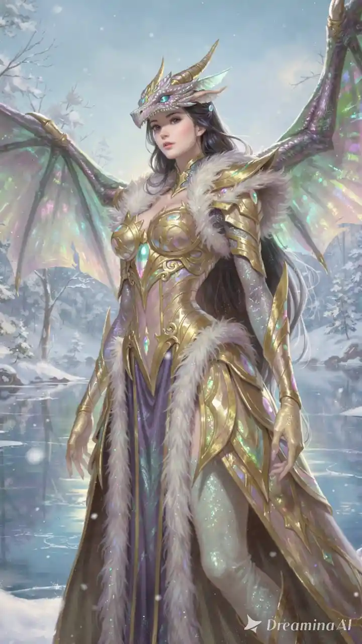 Dragon doré en armure s’élevant au-dessus d’un paisible paysage hivernal