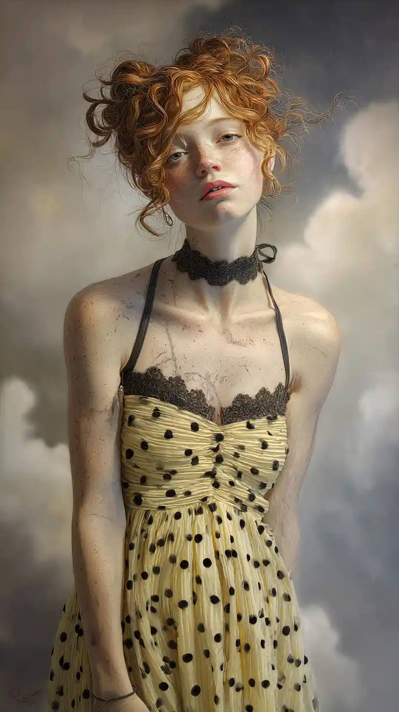 Freckled redhead girl in yellow dress against misty sky