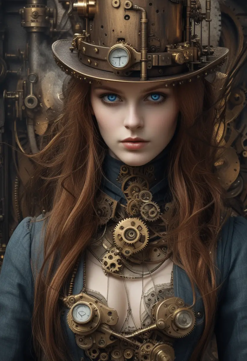 Donna steampunk con corpo meccanico e cilindro ornato