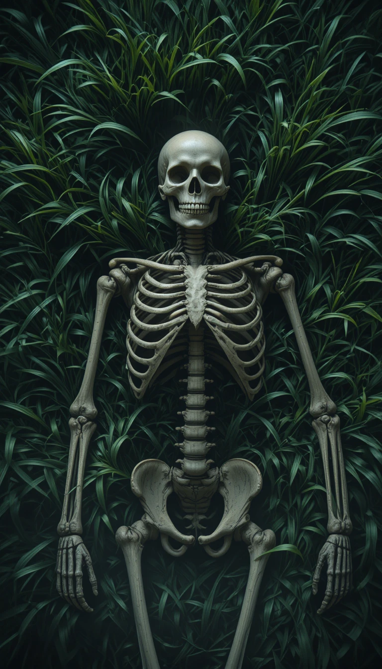 Esqueleto humano solitario sobre hierba verde oscura de noche
