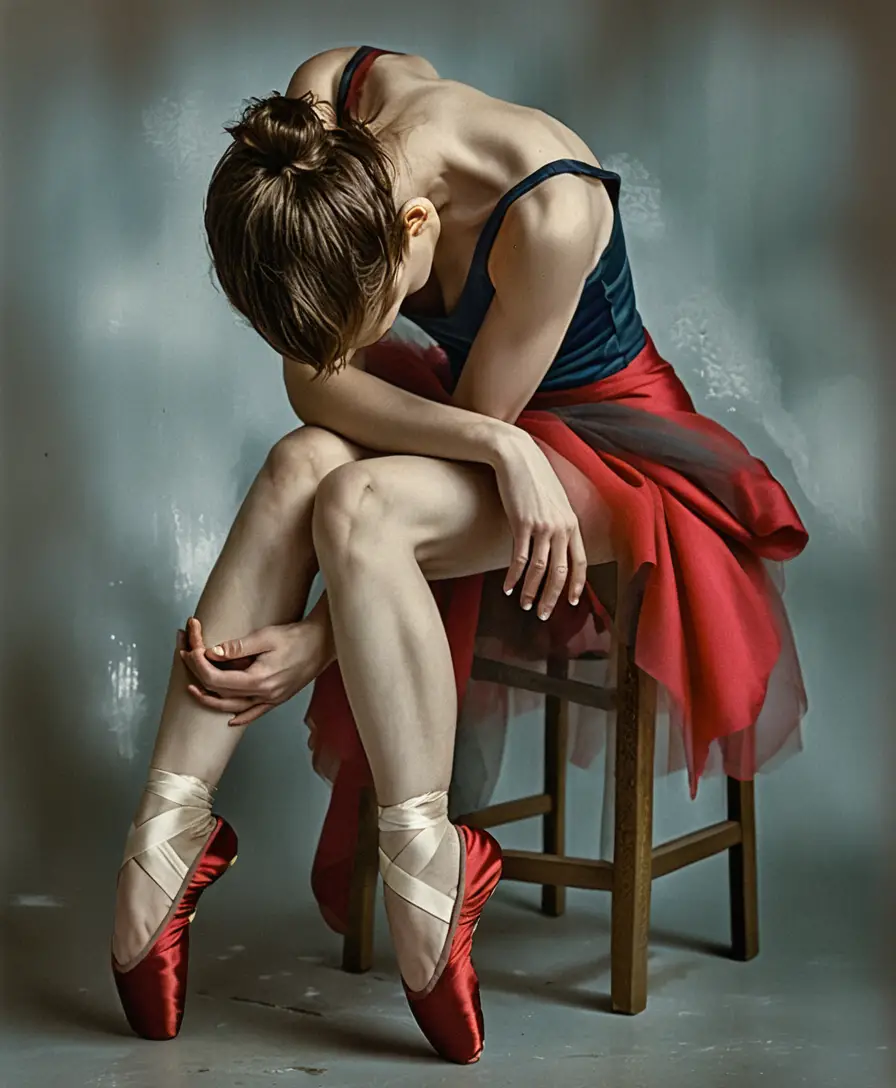 Ballet dancer curled on a wooden chair in moody studio
