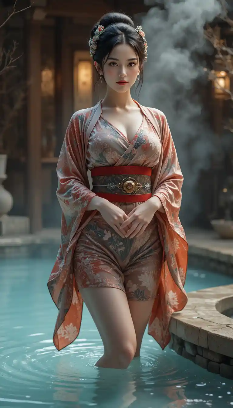 Japanese woman in short kimono by a steaming hot spring