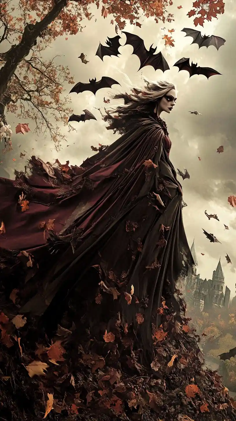 Vampire woman fused with bat under a dramatic halloween sky