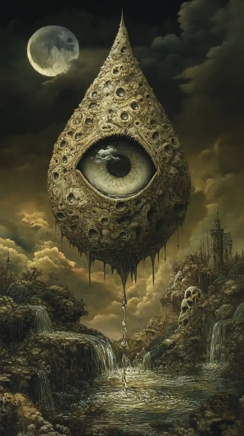 Surreal water drop creature in a gothic moonlit landscape