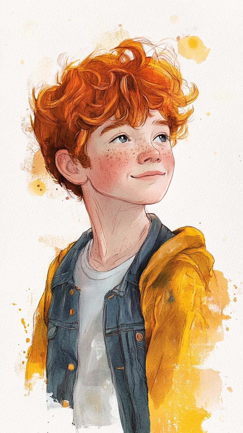 Freckled red haired boy with glasses watercolor portrait