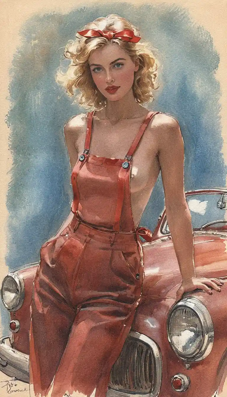 Blonde woman in red overalls on vintage car portrait