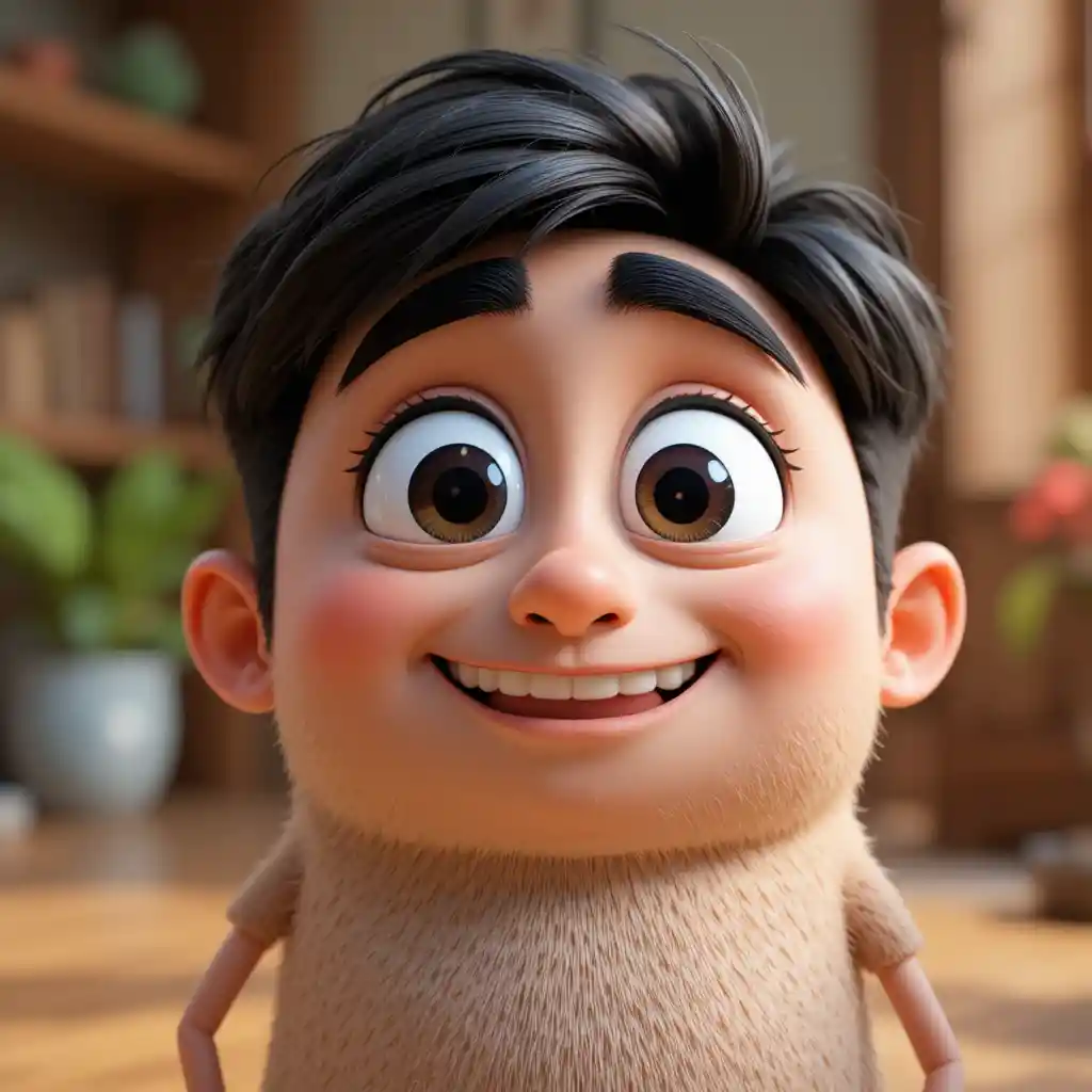 3D-Cartoonfigur im Pixar-Stil mit großen, ausdrucksstarken Augen