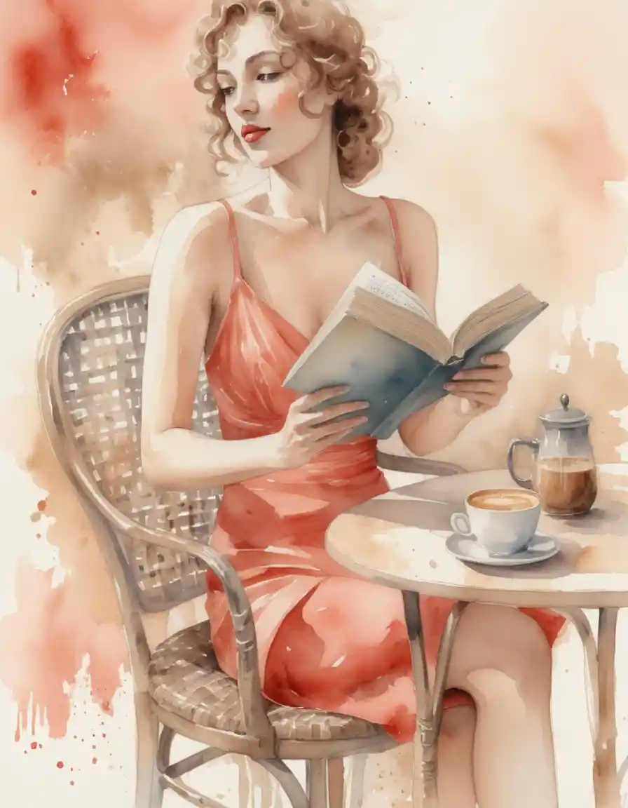 Woman Reading At A Vintage Cafe In Watercolor Style