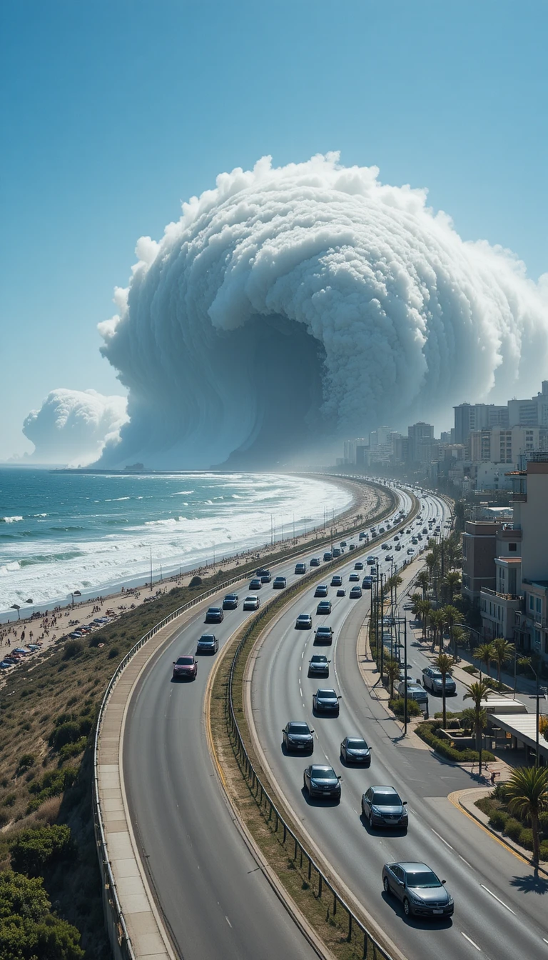 Coastal highway traffic under sun with looming ocean wave