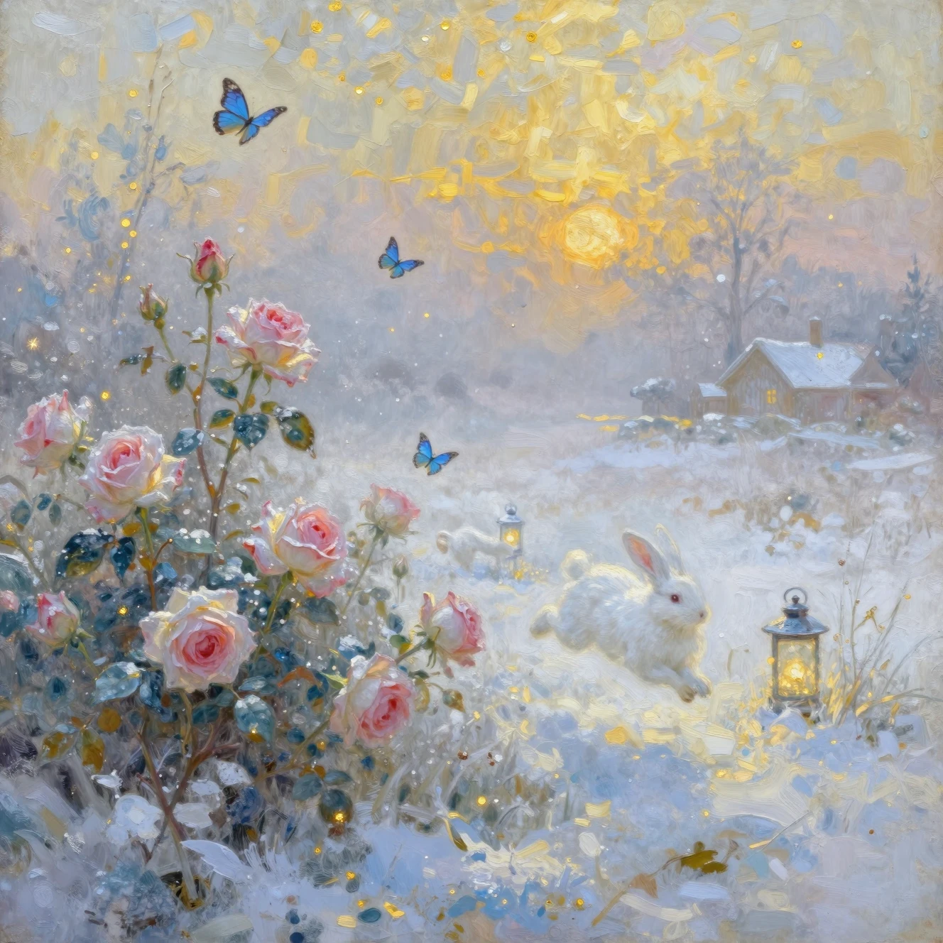 Verträumte Rosen und ein Hase in einer nebligen Winterwiese