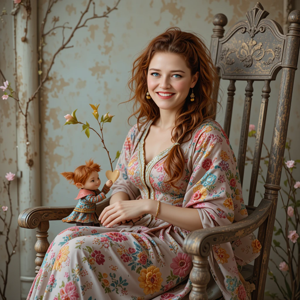 Smiling red haired girl with elf offering a heart gift