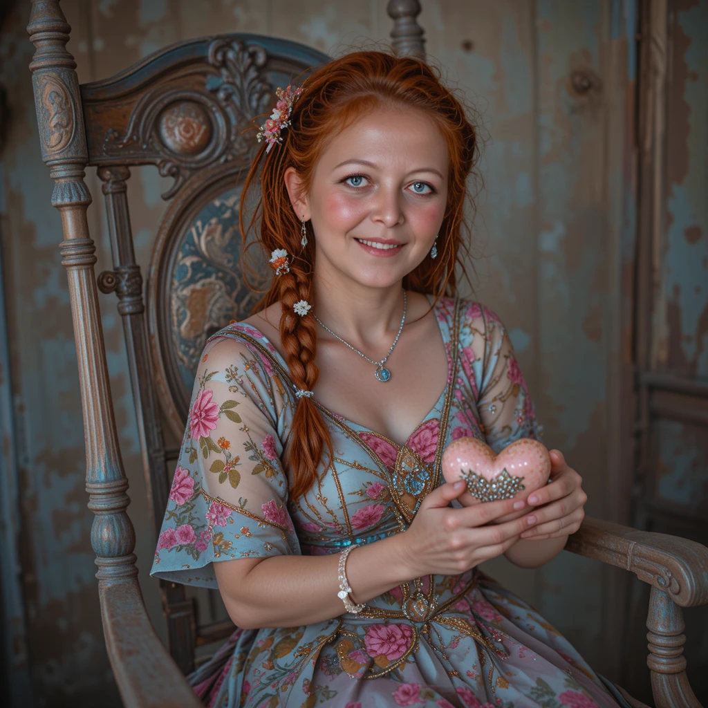 Chica pelirroja sonriendo en una mecedora antigua
