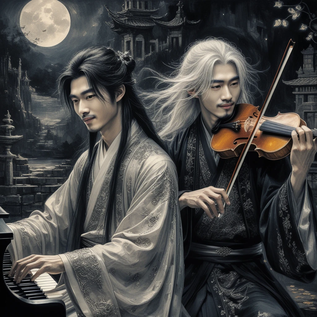 Eterei musicisti cinesi in dipinto a olio gotico monocromatico