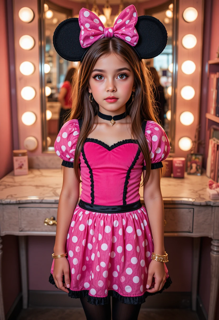 Niño preadolescente nervioso con atuendo inspirado en Minnie frente a tocador de boutique