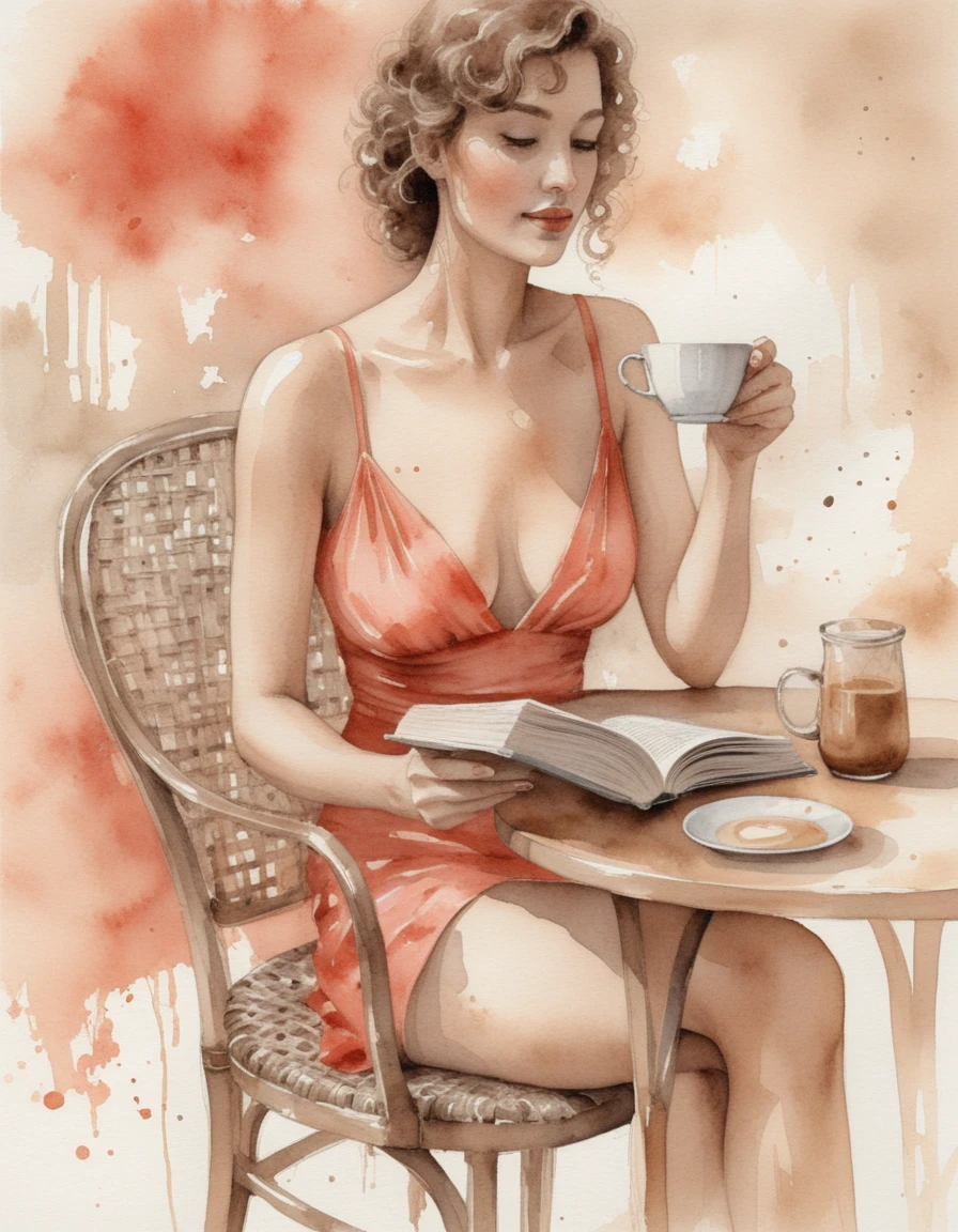 Donna che Legge in un Caffè Vintage in Stile Acquerello