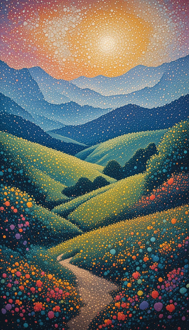 Farbenfrohe pointillistische Landschaft mit leuchtendem Punktpinselstrich
