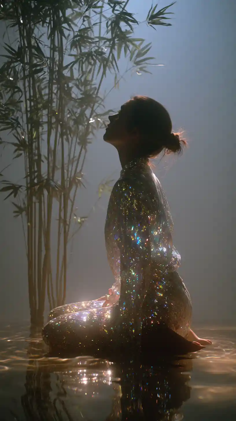 Figura in silhouette che medita tra il bambù con luce scintillante
