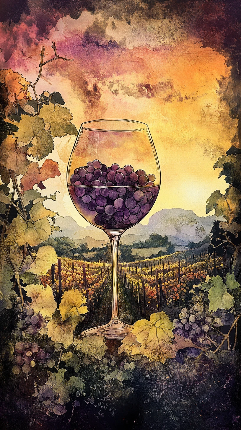 Surrealer Weinberg mit Weinglas-Motiv in der Dämmerung
