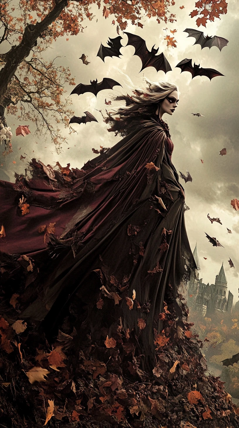 Vampire woman fused with bat under a dramatic halloween sky