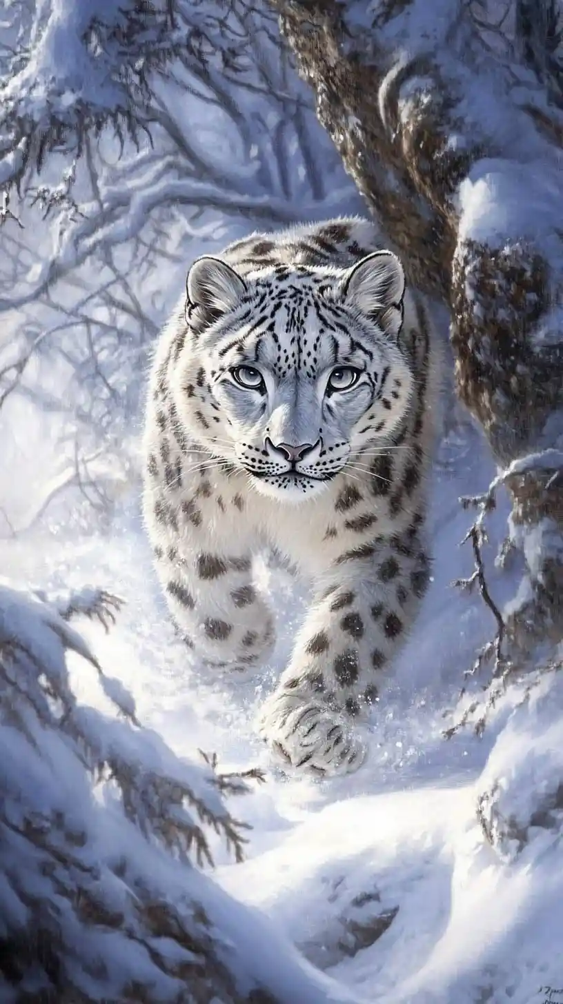 Surreal illusion of a snow leopard in a deceptive scene