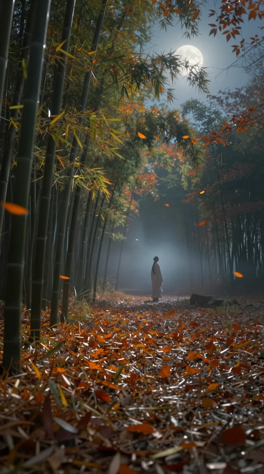 Bosque otoñal tranquilo a la luz de la luna con figura solitaria