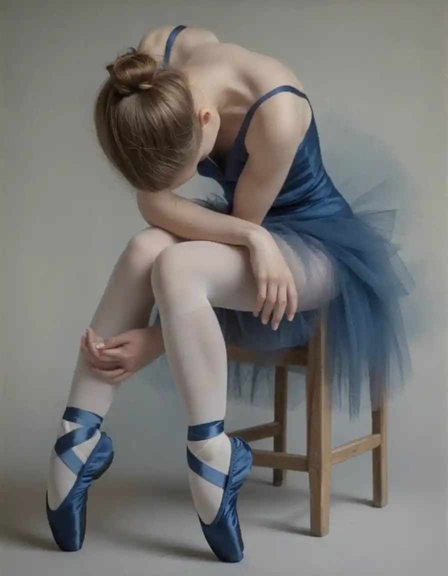 Ballet dancer curled on a wooden chair in moody studio