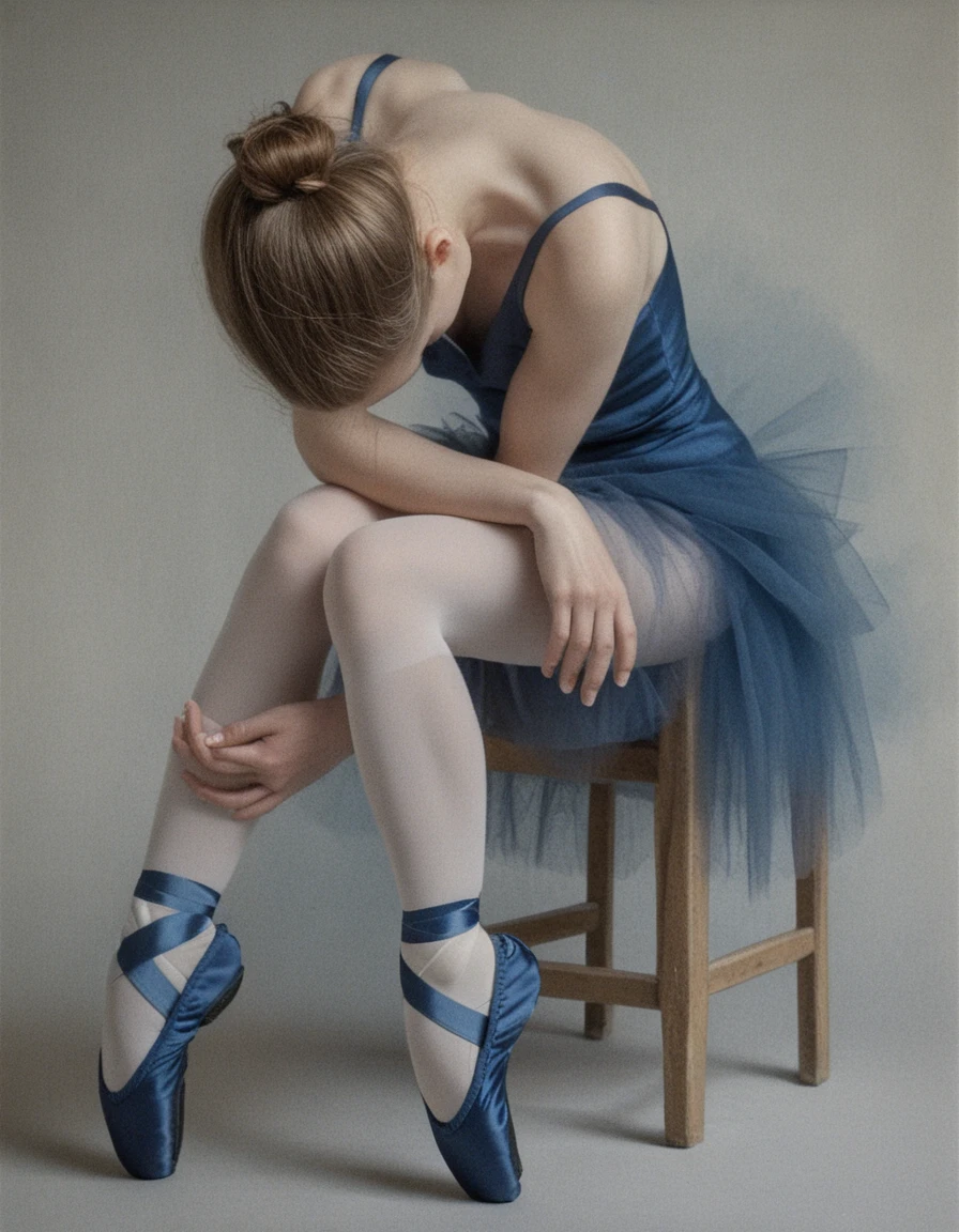 Ballet dancer curled on a wooden chair in moody studio