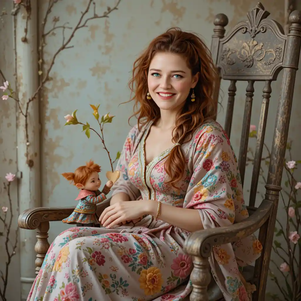 Smiling red haired girl with elf offering a heart gift