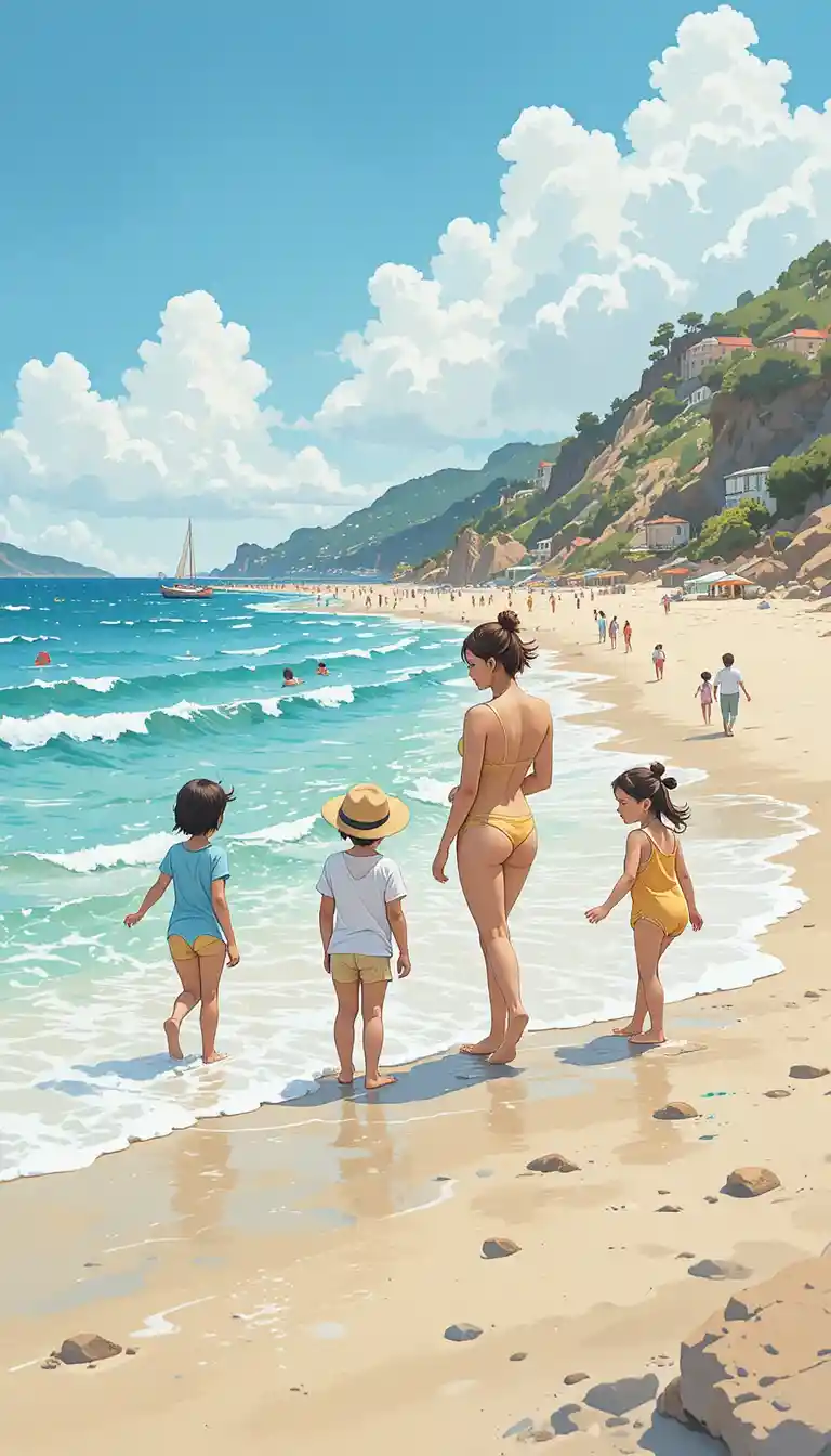 Famílias em aquarela aproveitando um dia ensolarado na praia