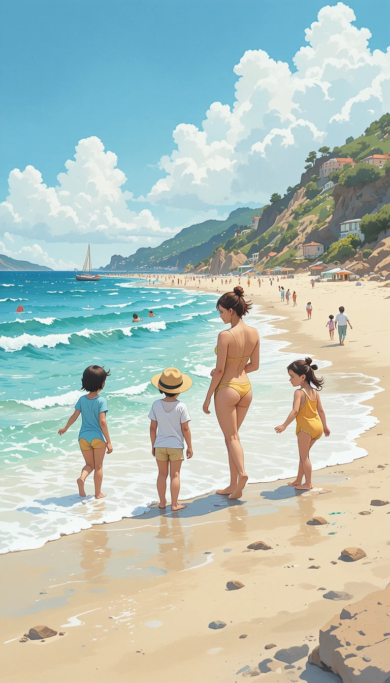 Famílias em aquarela aproveitando um dia ensolarado na praia