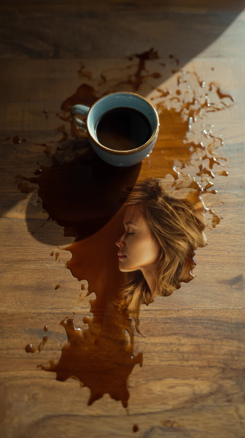 Du café renversé formant une silhouette féminine sur une table