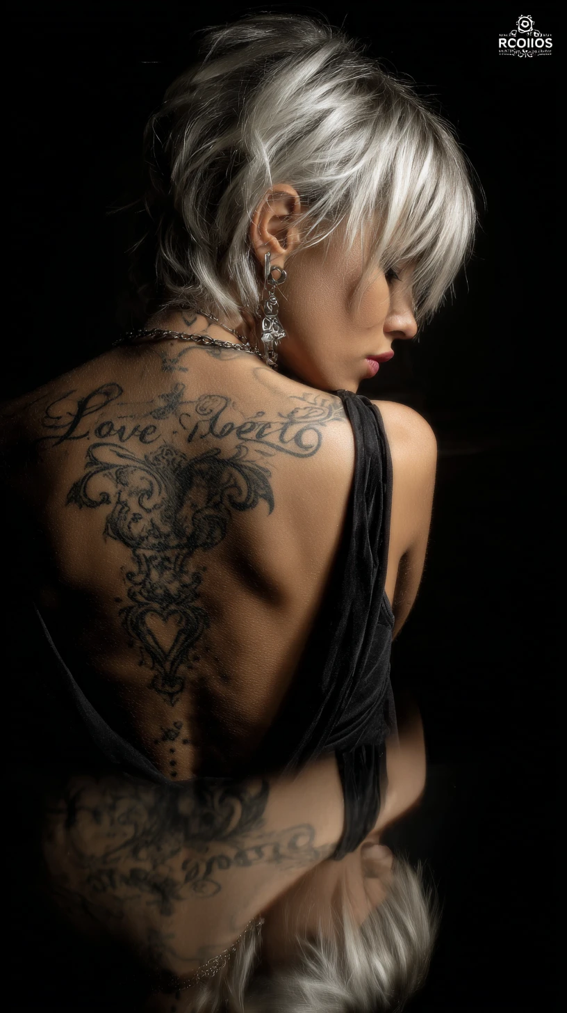 Silver haired woman showing back tattoo before a mirror